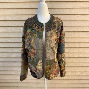 Vintage Handmade Patchwork Crazy Quilt M L Cardigan Sweater Floral Lion Cheetah